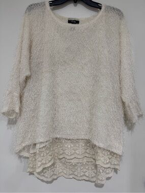 Alfani Cream Textured Knit Tunic with Lace Hem Sz M (E-34)